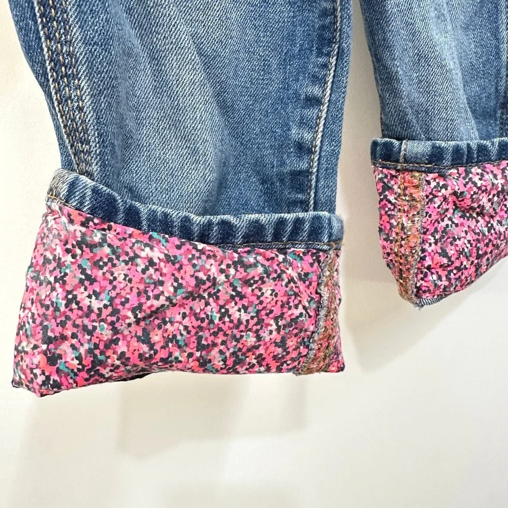 Vintage OshKosh Bgosh Girls Denim Overalls 2T Floral Pink Accent Trim Roll Cuffs